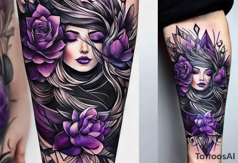 lines around wrist, abstract, black and purple, covered from wrist to forearm, fully covered, no borders, blackwork, no faces tattoo idea