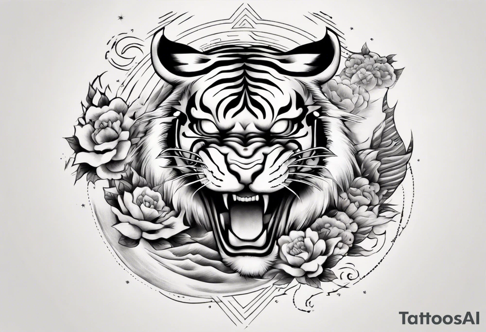 Tiger sleeve tattoo with lightning and the sun tattoo idea