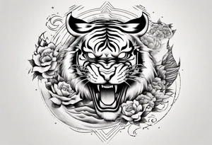 Tiger sleeve tattoo with lightning and the sun tattoo idea