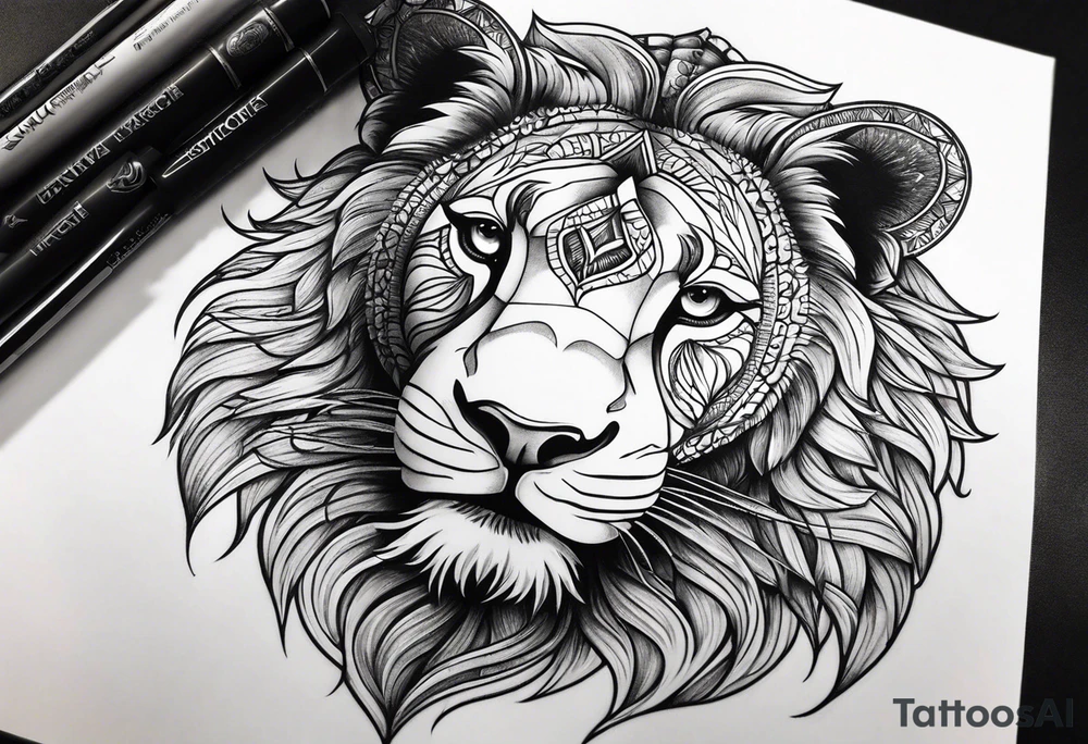 Half lion face half elephant face tattoo idea