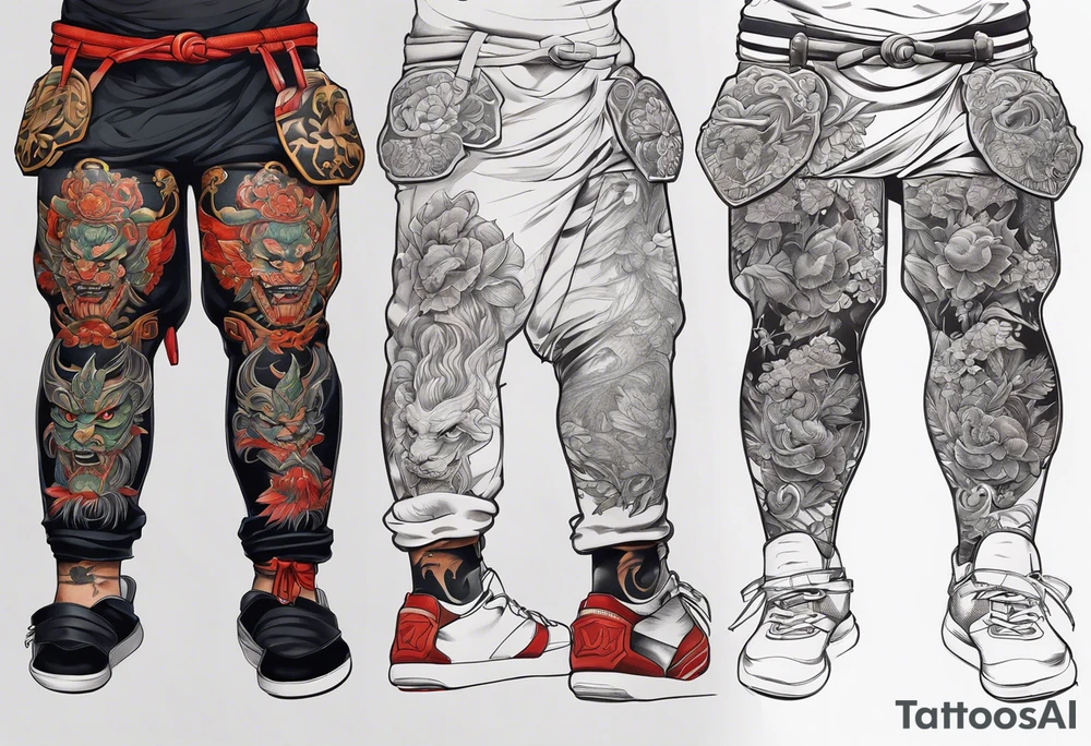 leg tattoo, full leg, oni, girl, oni girl, samurai tattoo idea