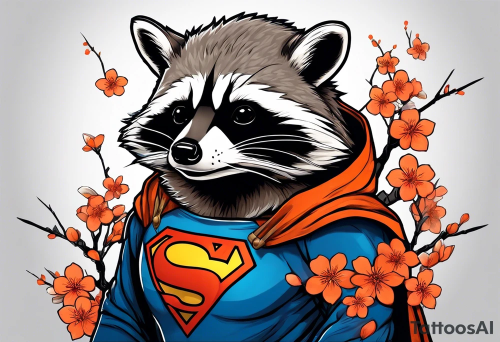 raccoon wearing a Superman hoodie with orange Japanese cherry blossoms tattoo idea