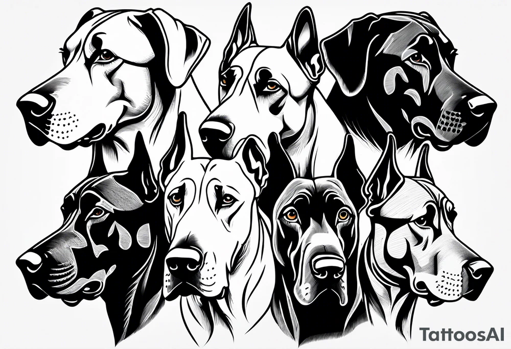 4 Great Dane heads together tattoo idea