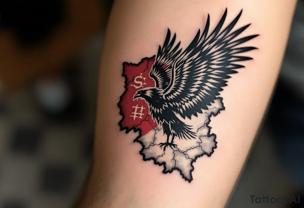 Silesian Eagle and a Map of Silesia – A detailed black eagle in flight, with its wings partially merging into a faded vintage-style map of Silesia. The borders of the region are highlighted in deep red, symbolizing history and unity. tattoo idea