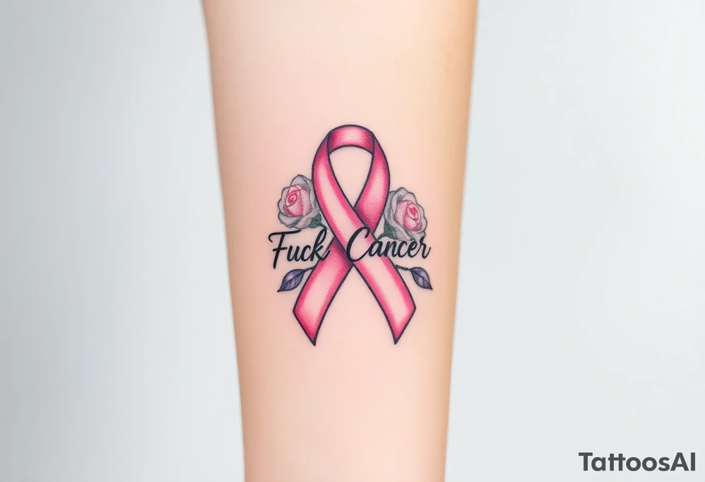 Breast Cancer ribbon that says "Fuck Cancer"with 3 light pink roses tattoo idea
