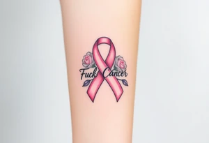 Breast Cancer ribbon that says "Fuck Cancer"with 3 light pink roses tattoo idea