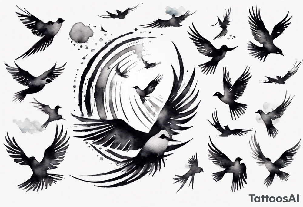 shoulder tattoo with light rays with birds flying free among the clouds, round shape, 3d effect tattoo idea