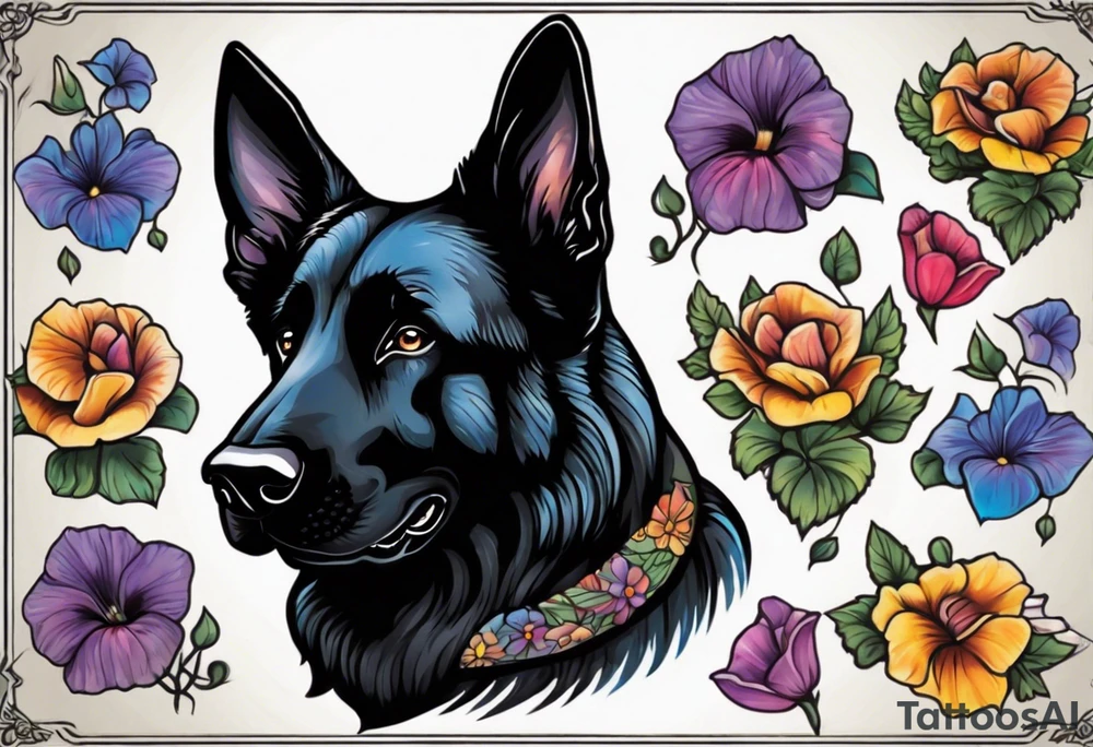 Black German shepherd portrait brightly colored with morning glory tattoo idea