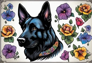 Black German shepherd portrait brightly colored with morning glory tattoo idea