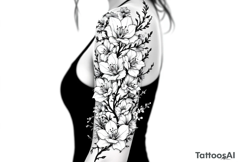 the flower spider lily from demon slayer and add cherry blossoms wrapped around upper arm tattoo idea