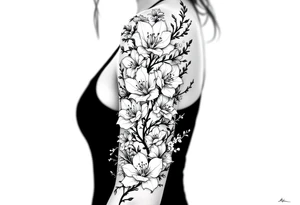 the flower spider lily from demon slayer and add cherry blossoms wrapped around upper arm tattoo idea