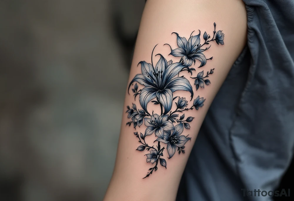 the flower blue spider lily from demon slayer and add cherry blossoms wrapped around upper arm tattoo idea