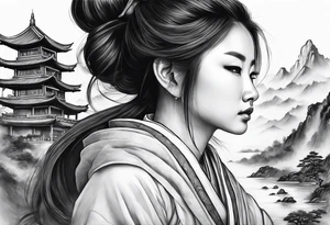 forearm sleeve traditional chinese art painting style autumn mountains mist fog water Chinese temple female with pony tail wearing robes seated meditating in the background tattoo idea