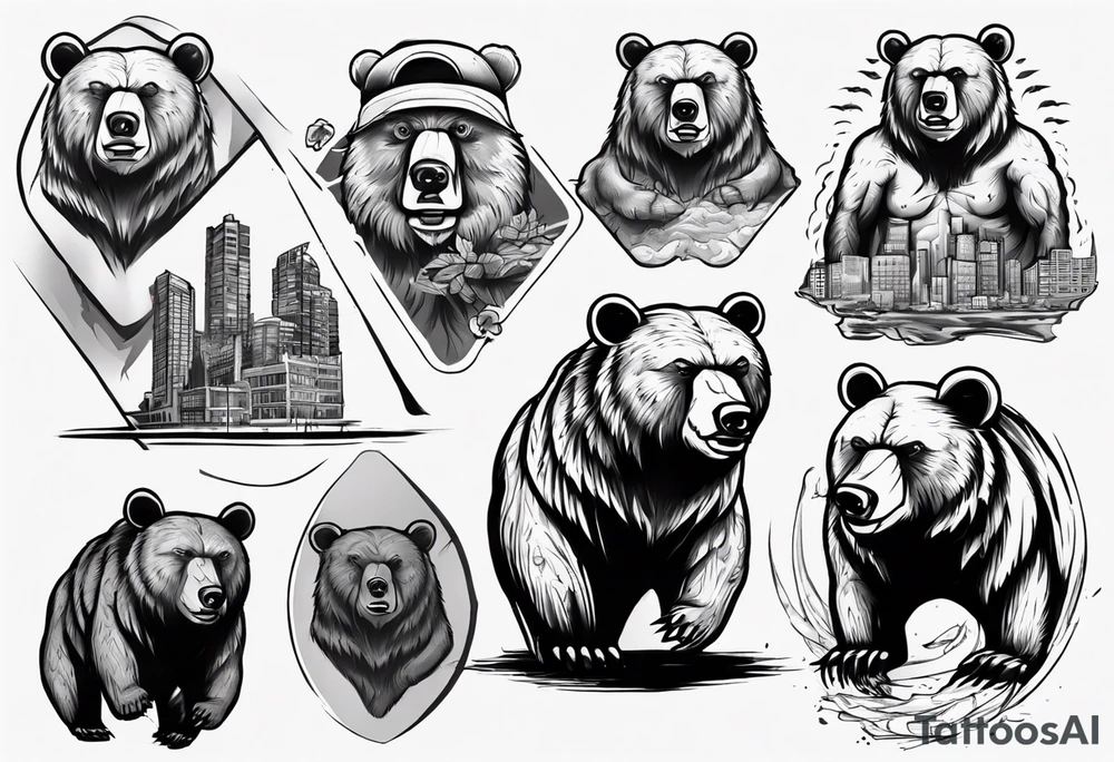 Serious bear coming up behind a city tattoo idea