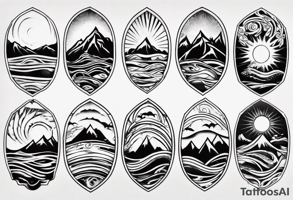 sleeve, mountains, waves, sun, trees tattoo idea