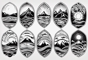sleeve, mountains, waves, sun, trees tattoo idea