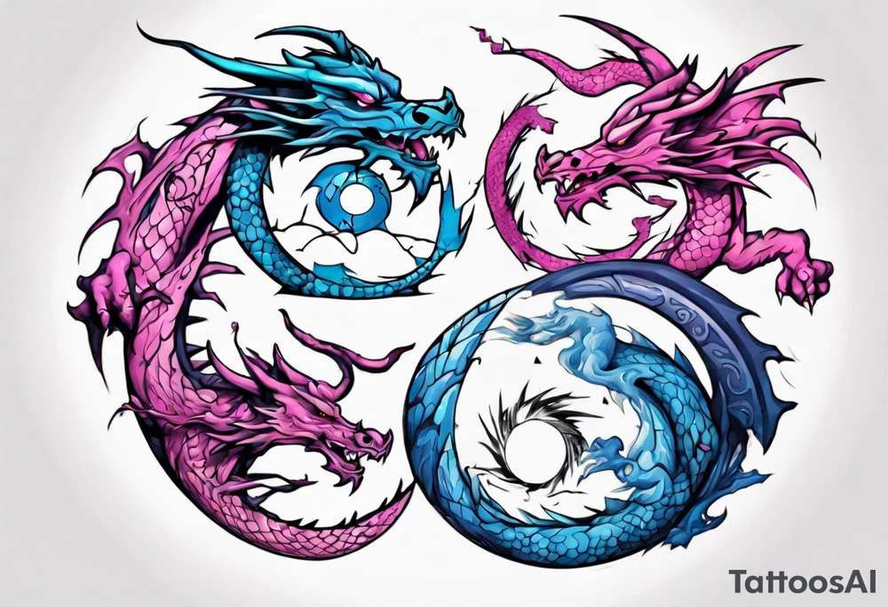 blue ying pink yang dragon stones tattoo idea