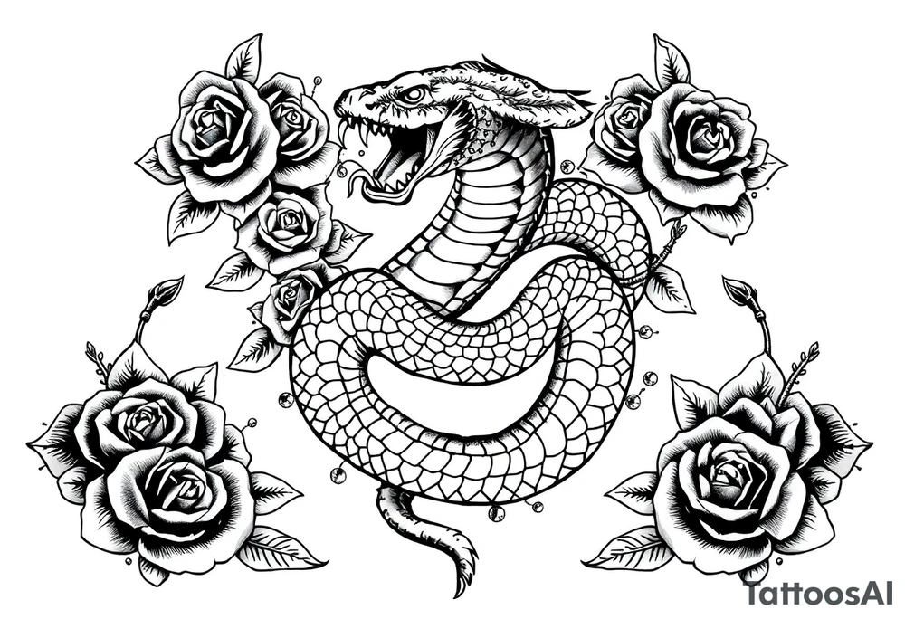 powerful majestic snake surrounded by rose ornaments tattoo idea