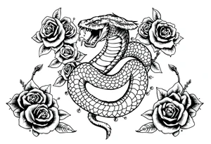 powerful majestic snake surrounded by rose ornaments tattoo idea