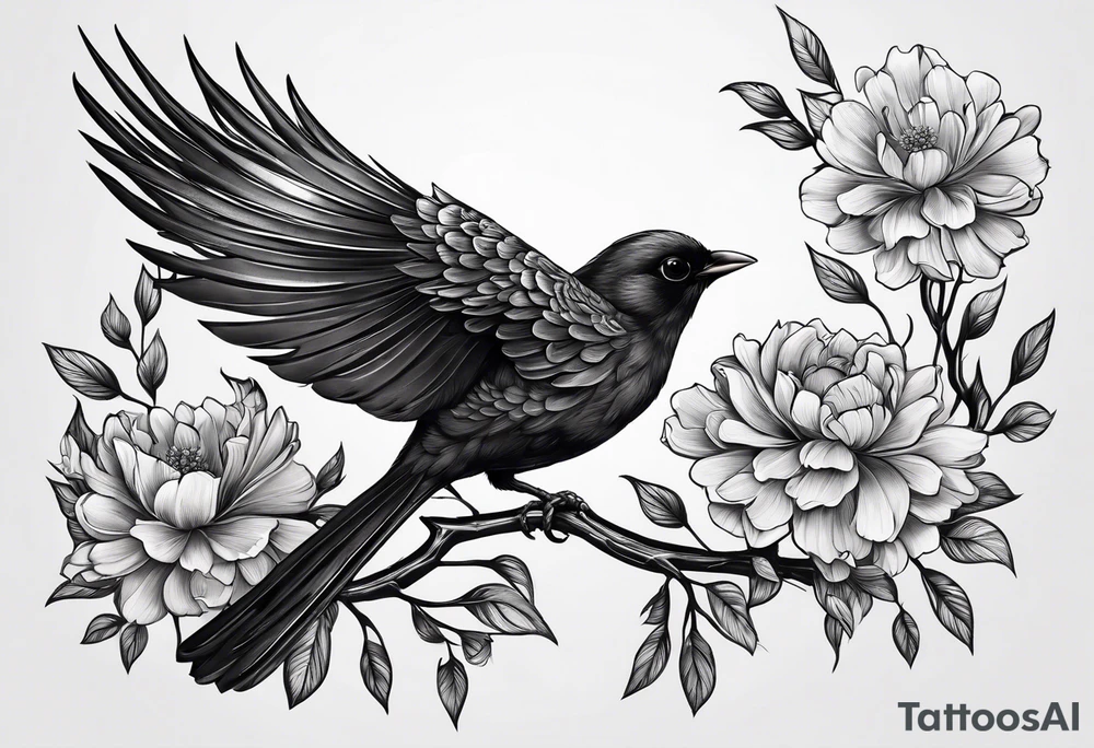 Black bird about to fly on a branch with flowers tattoo idea
