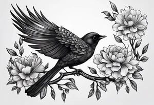 Black bird about to fly on a branch with flowers tattoo idea
