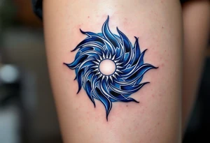 A deep blue Celtic sun tattoo, laced with silver highlights, swirls in an intricate spiral on the calf. tattoo idea