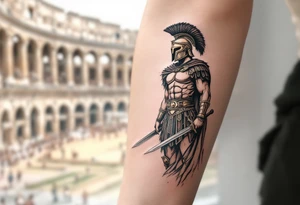 gladiator roman soldier standing colosseum interior combat sword helmet cape sand wind eagle legion trace tattoo idea