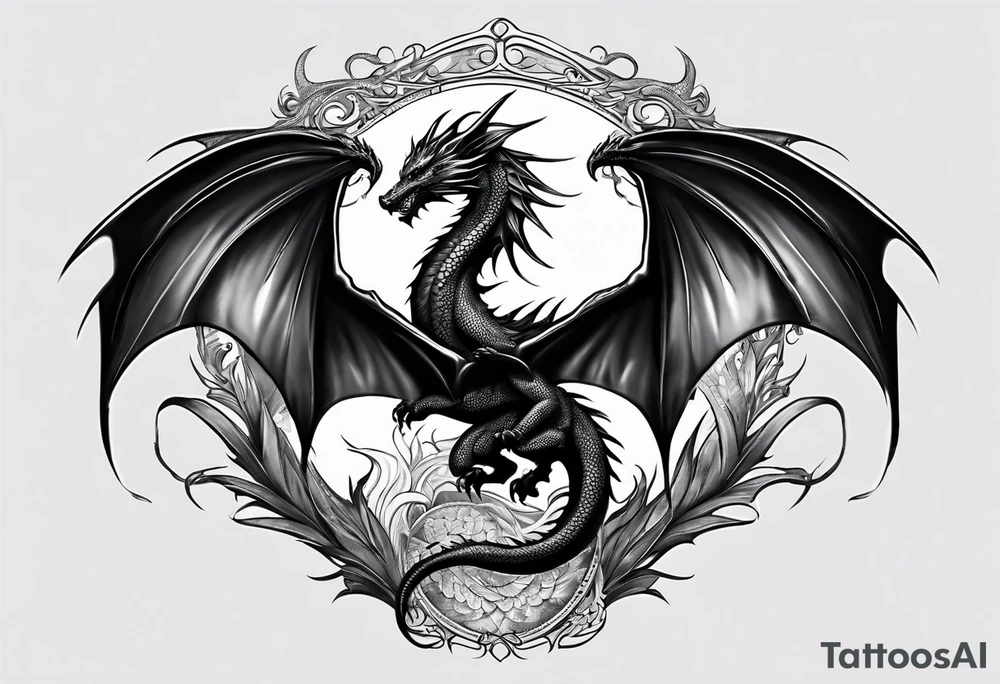 Mother dragon wings spread with 3 baby dragons tattoo idea
