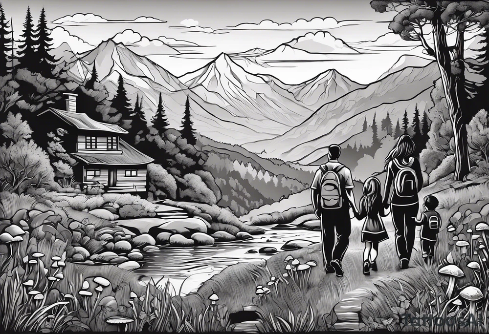 Family silhouette of a father, a mother, oldest son, middle daughter, and small daughter foraging mushrooms with mountains and creek in background tattoo idea