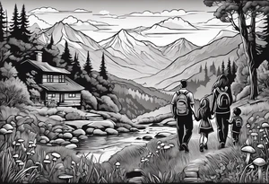 Family silhouette of a father, a mother, oldest son, middle daughter, and small daughter foraging mushrooms with mountains and creek in background tattoo idea