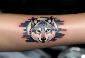Moonlit wolf head with soft moonlight reflecting off the top of the fur. Palette: deep grays, midnight blue shading, and white moon glow accents. tattoo idea