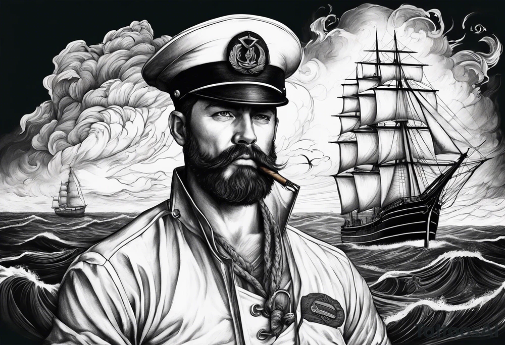 Sailor in storm at sea with his ship holding his cigar tattoo idea