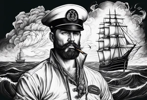 Sailor in storm at sea with his ship holding his cigar tattoo idea