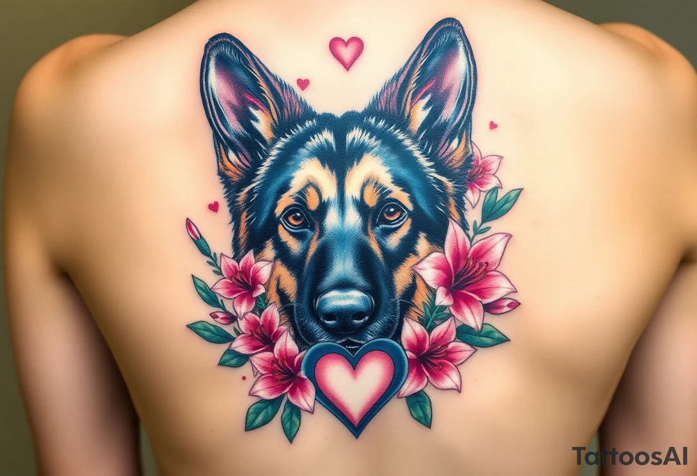 realistic german shepherd dog with pink lily flowers and sacred heart tattoo idea