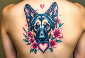 realistic german shepherd dog with pink lily flowers and sacred heart tattoo idea