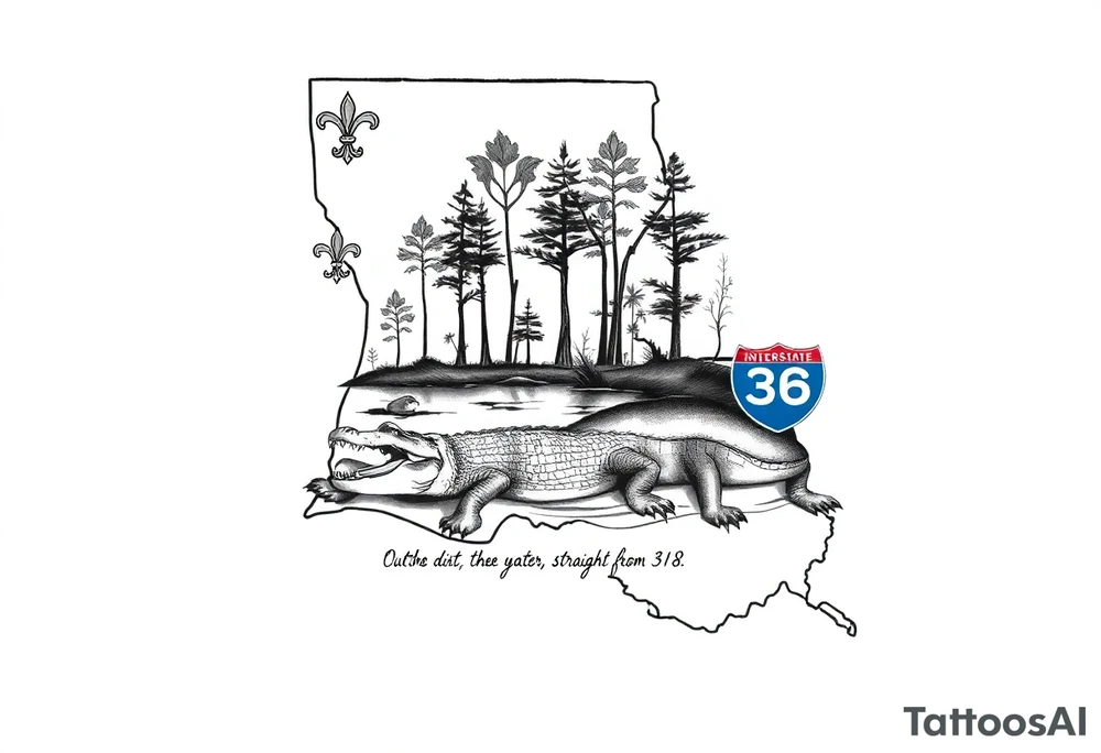Louisiana state outline with fleur-de-lis, a bayou with a gator and trees , the 318 area code and and quote that says  Out the dirt, out the water, straight from 318 , a sign that says interstate I-20 tattoo idea