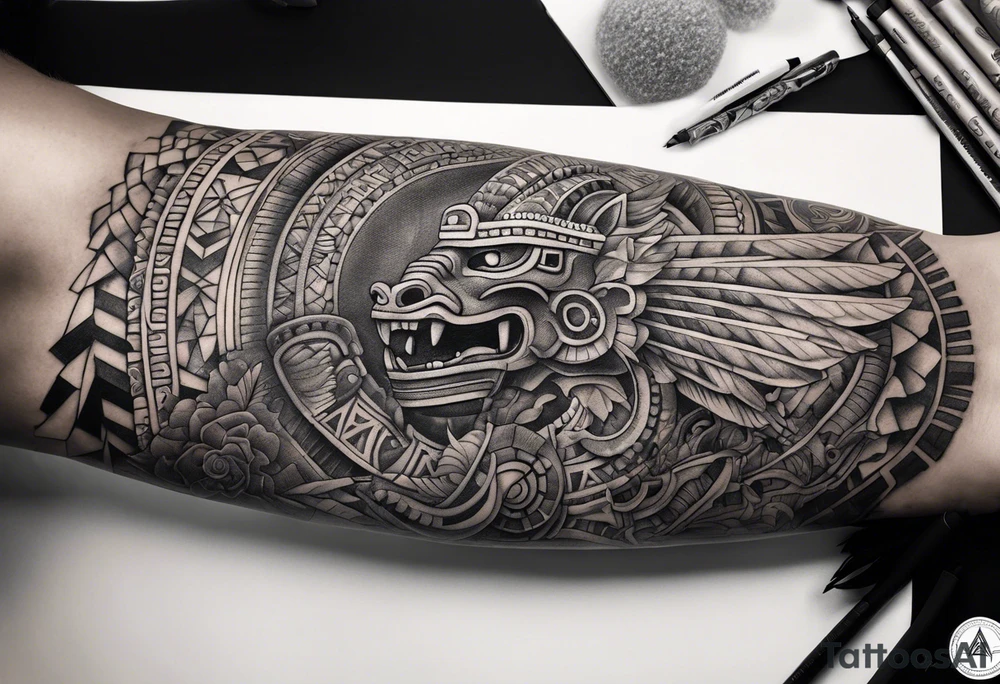 Aztec feathered serpent and pyramids sleeve incorporate factual items found in Teotihuacan tattoo idea