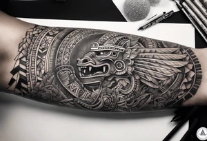 Aztec feathered serpent and pyramids sleeve incorporate factual items found in Teotihuacan tattoo idea