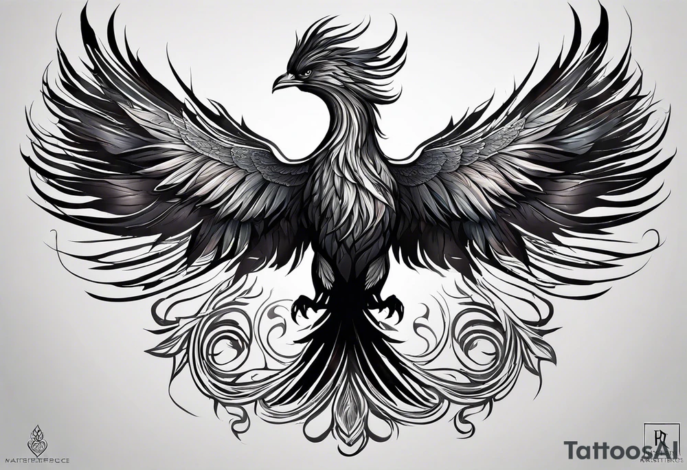 A majestic phoenix, rising powerfully with its wings spread wide and feathers flowing, representing rebirth and resilience. The phoenix is detailed with intricate feathers, creating a sense of movement and vitality. The design is bold, with deep shading and texture that adds dimension and intensity to its form. tattoo idea