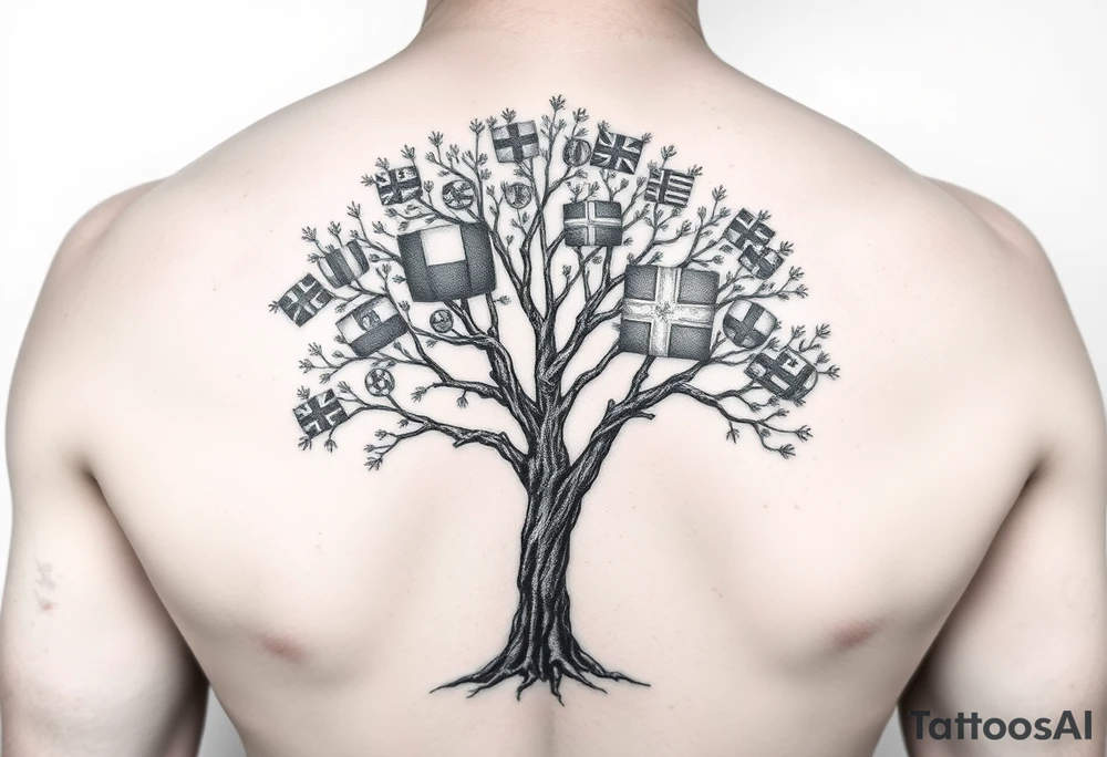 Tree with leaves that are country flags from Prussia,  Ireland, wales, scotland, England, and catawba tribe tattoo idea