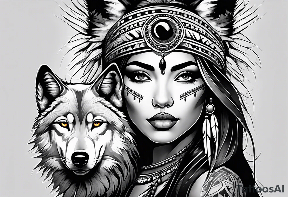 Native American woman with a wolf tattoo idea