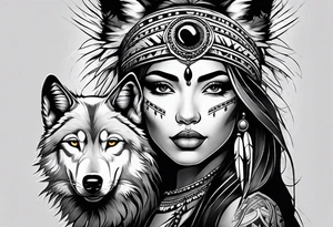 Native American woman with a wolf tattoo idea