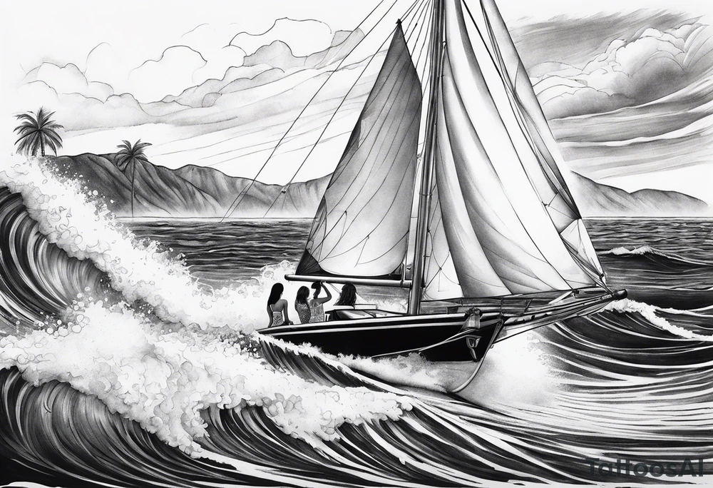 Hula girl on a sailboat with waves tattoo idea