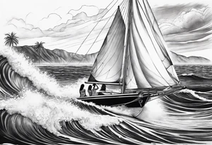 Hula girl on a sailboat with waves tattoo idea