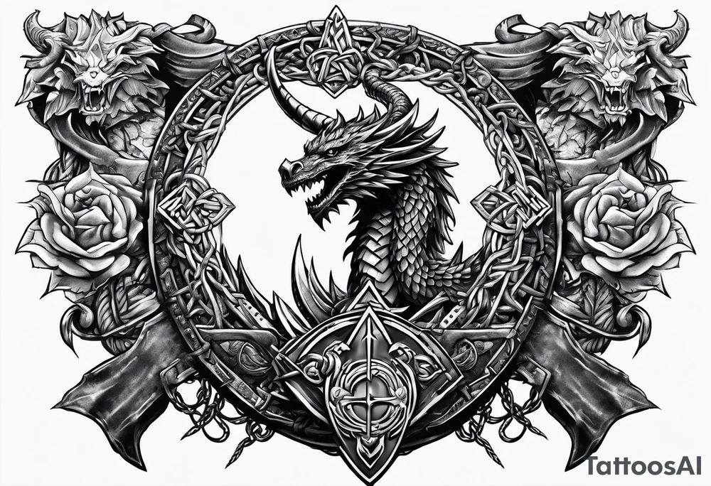 Valhalla sword shield dragon axe Valknut barbed wire chains tattoo idea