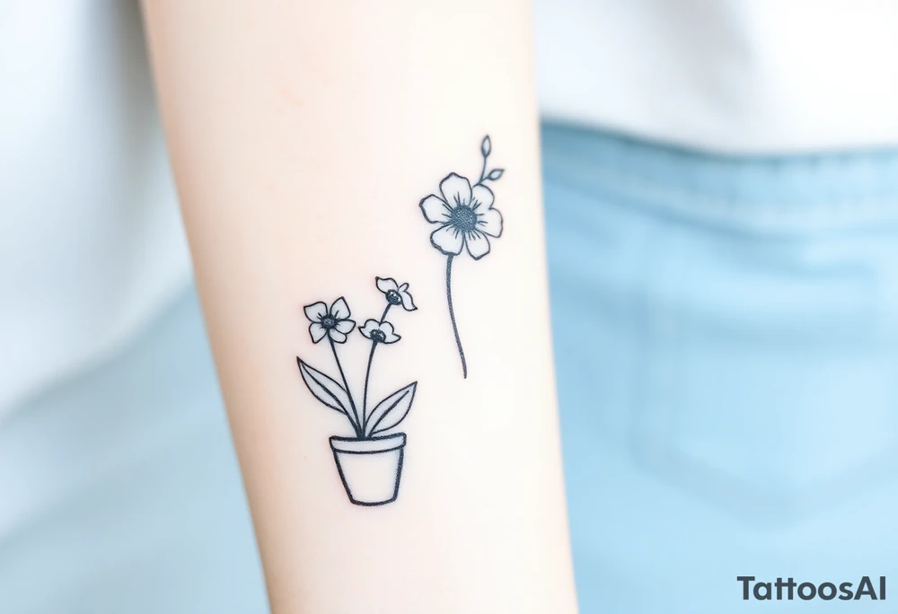 African violet, Daisy, Lily of the valley, Rose in a flower pot. Light color shading tattoo idea