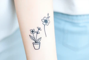 African violet, Daisy, Lily of the valley, Rose in a flower pot. Light color shading tattoo idea