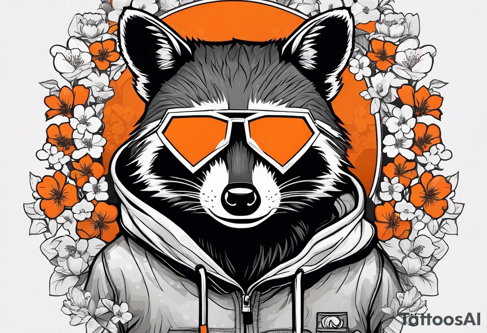 Raccoon wearing a white Superman logo on a black hoodie and orange Japanese cherry blossoms beside tattoo idea