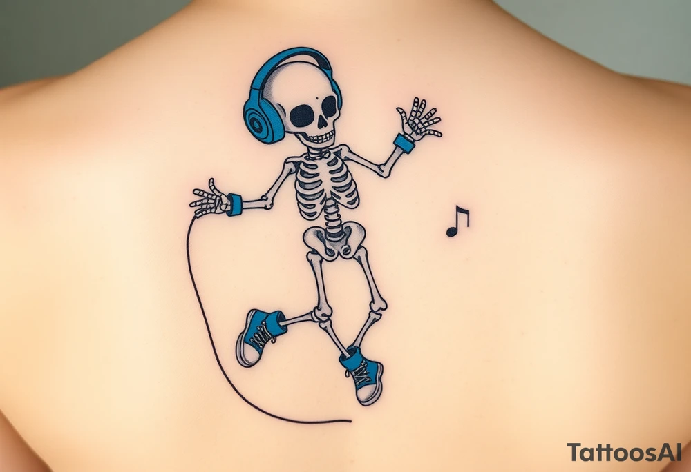 Cute skeleton jumping on a jump rope with blue headphone and blue tennis shoes and blue armbands with music notes tattoo idea