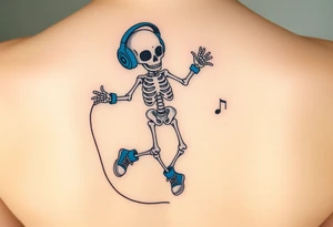 Cute skeleton jumping on a jump rope with blue headphone and blue tennis shoes and blue armbands with music notes tattoo idea